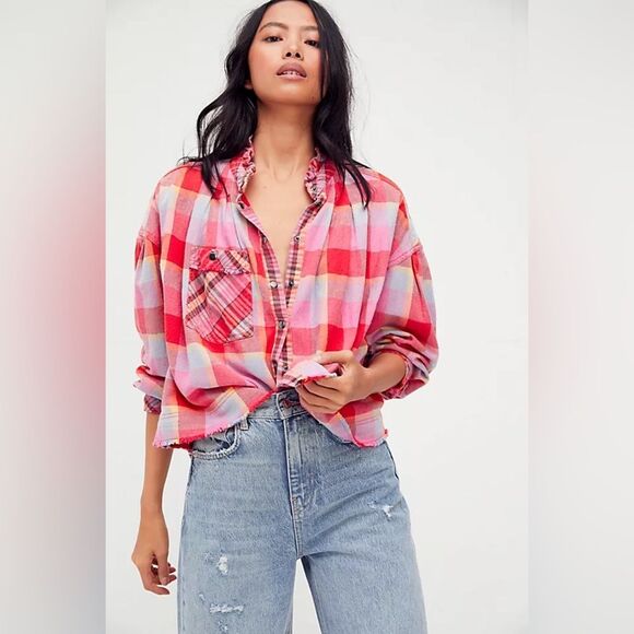 We The Free Tops - NWOT *We The Free* Free People Sz XL Emily Plaid Ruffle Button-Up Shirt